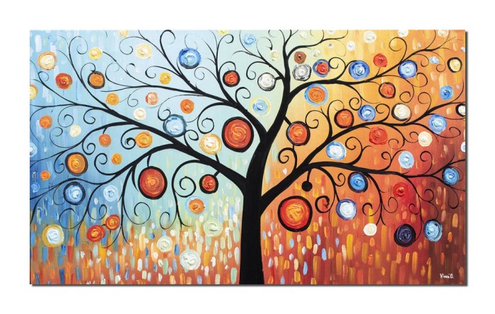 Tablou pictat manual living, dormitor, Copacul vietii, bucurie, 100x60cm ulei pe panza, Magistral