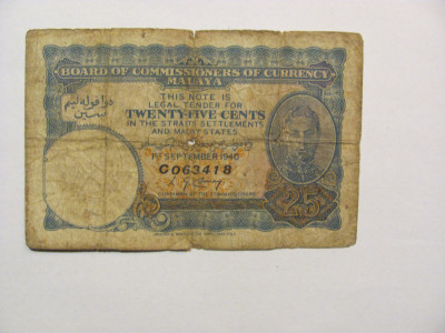 CY - 25 cents 1940 Malaya / portret Rege George VI / RARA foto