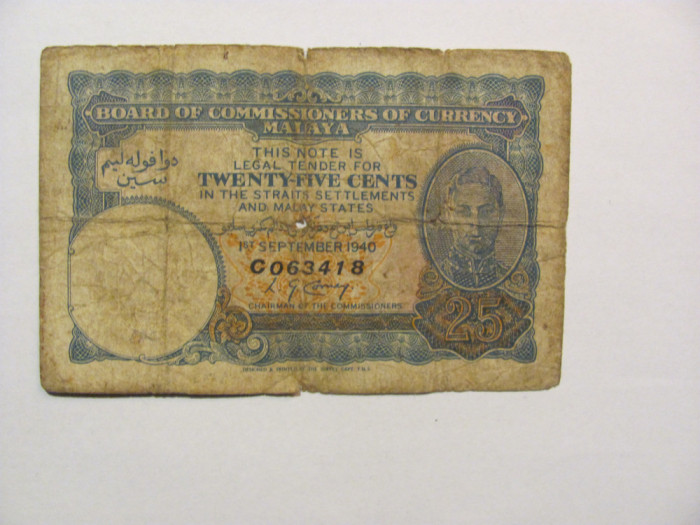 CY - 25 cents 1940 Malaya / portret Rege George VI / RARA