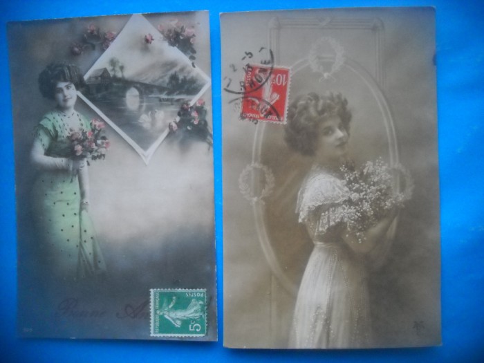 HOPCT 1695 FEMEI..FEMEI-TCV-ROMANTICA-FRANTA-LOT 2 CARTI POSTALE VECHI-CIRCULATE