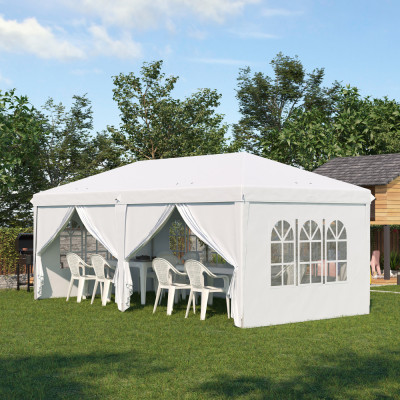 Outsunny Cort 6x3 m pliabil din otel si material Oxford, cort pentru gradina cu 6 pereti laterali, franghii si carlige, alb foto