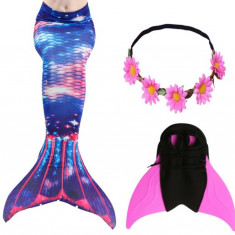 Set 3 piese Costum de baie Sirena THK®, coada sirena, coronita cu flori, si Inotatoarea pentru fixarea cozii, Albastru, Rosu, Indigo, 110 cm