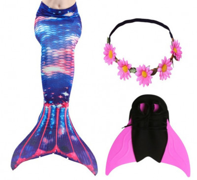 Set 3 piese Costum de baie Sirena THK&amp;reg;, coada sirena, coronita cu flori, si Inotatoarea pentru fixarea cozii, Albastru, Rosu, Indigo, 150 cm foto