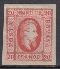 ROMANIA 1865 LP 17 ALEXANDRU IOAN CUZA EFIGIA DOMNITORULUI IN OVAL 20 PARALE ROSU GUMA ORIGINALA SARNIERA
