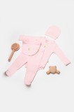 Cumpara ieftin Set 4 piese:body, pantaloni, baveta si caciulita Bamboo, roz, BabyCosy, 50% bumbac+50%bambus (Marime: 3-6 Luni)