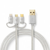 Cablu de date si incarcare 3 in 1 USB la micro USB + adaptor Lightning/USB type C 1m, CCTB60620AL10, Nedis