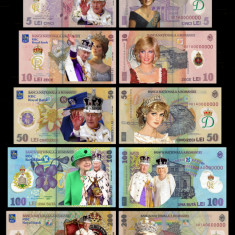 REPRODUCERI set 7 bucati bancnote fantezii Charles III leul nou 2023