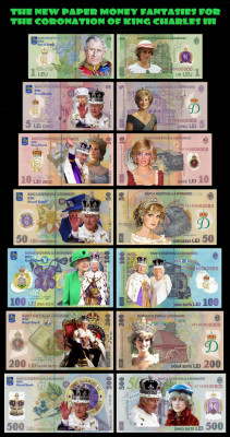 REPRODUCERI set 7 bucati bancnote fantezii Charles III leul nou 2023 foto