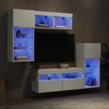 Unități de perete TV cu LED-uri, 5 piese, alb, lemn prelucrat