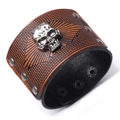 Bratara MBrands punk din piele naturala cu cap de mort , inchidere cu capse Maro