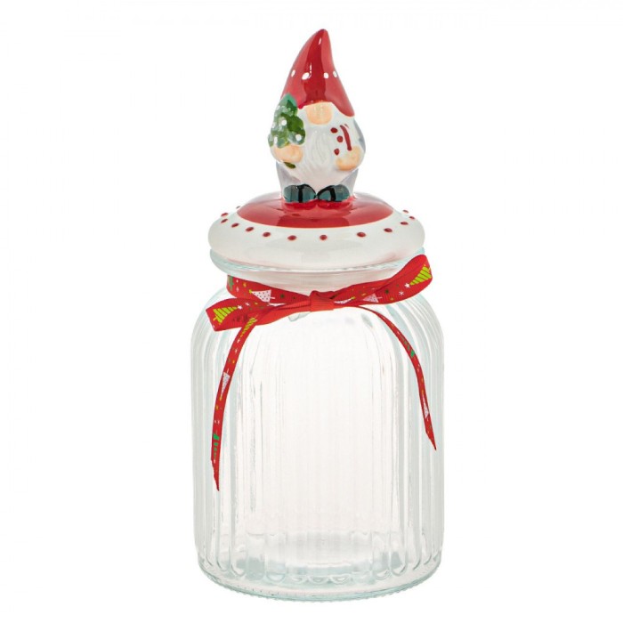 Recipient pentru Biscuiți, Model Crăciun, Capac Ceramic cu Figurină Gnome, Transparent, Diametru 11 cm, &Icirc;nălțime 25.5 cm