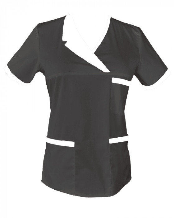 Halat Medical Pe Stil, Negru cu Elastan Cu Paspoal si Garnitură alba, Model Nicoleta - 4XL