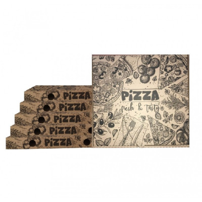 Set 100 Cutii Pizza Natur Corolla Packaging, 28x3.5x28 Cm, Model Pizza Fresh &amp;amp; Tasty, Ambalaje din Carton, Ambalaje pentru Pizza, Set de Cutii Natur, foto