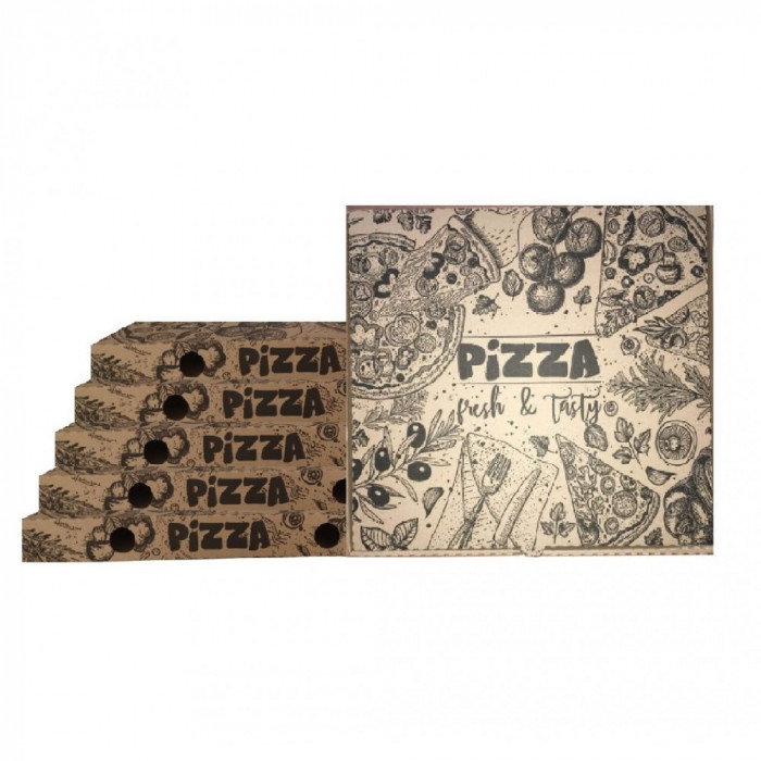 Set 100 Cutii Pizza Natur Corolla Packaging, 28x3.5x28 Cm, Model Pizza Fresh &amp; Tasty, Ambalaje din Carton, Ambalaje pentru Pizza, Set de Cutii Natur,