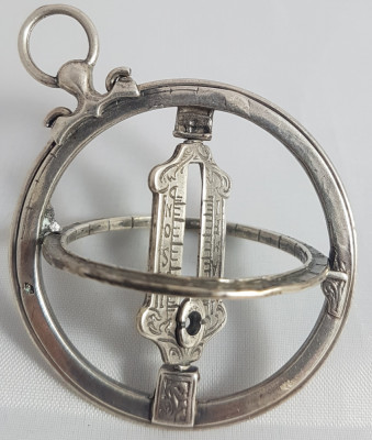 Piesa rara ! Instrument vechi astronomic Armilary din argint /Pandantiv Cca 1890 foto