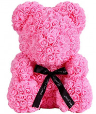 Ursulet floral roz decorat manual cu trandafiri de spuma 25 cm ideal cadou foto