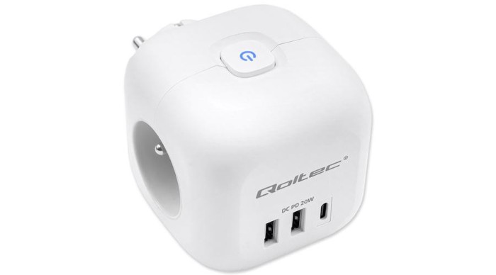 Prelungitor Qoltec Power Cube 6-&icirc;n-1 cu Comutator Iluminat | 3x AC | 2x USB | 1x USB-C PD 20W | Alb