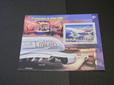 Coliță Filatelică S&amp;atilde;o Tom&amp;eacute; și Pr&amp;iacute;ncipe 2020 &amp;ndash; A 15-a aniversare a Airbus A380 ,Emirates, Timbru Obliterat foto