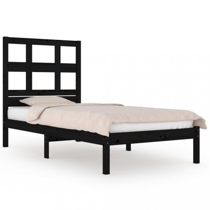 Cadru de pat mic single, negru, 75x190 cm, lemn masiv