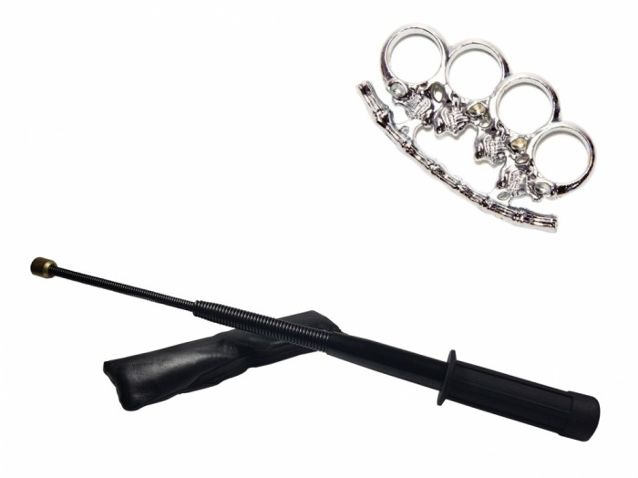 Set baston telescopic flexibil negru maner tip tonfa + pumnal/box craniu argintiu