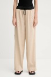 MMC STUDIO pantaloni femei, culoarea bej, drept, high waist, LINEN