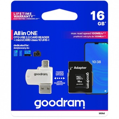Card Memorie microSDHC GoodRam, 16Gb, Clasa 10 / UHS-1 U1, Cu Cititor Card si Adaptor M1A4-0160R12 foto