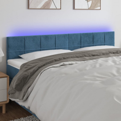 vidaXL Tăblie de pat cu LED, albastru &amp;icirc;nchis, 200x5x78/88 cm, catifea foto