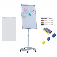 Flipchart mobil cu brate, Premium, 70x100 cm, inaltime ajustabila + accesorii: hartie flipchart, markere, burete, magneti