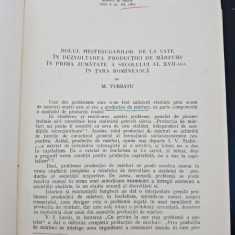 Rolul mestesugarilor de la sate in dezvoltarea productiei de marfuri in prima jumatate a secolului al XVII-lea in Tara Romaneasca - M. Turbatu