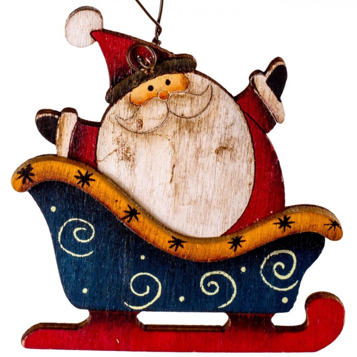 Ornament Crăciun, Sanie cu Moș Crăciun, Lemn, Multicolor, 7x7 cm