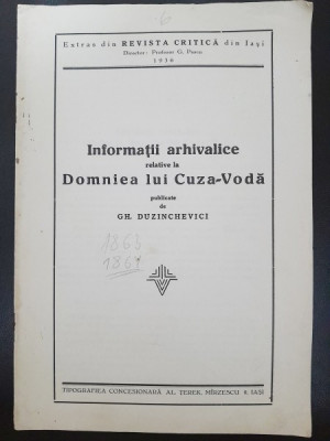 Informatii arhivalice relative la Domniea lui Cuza Voda - publicate de Gh. Duzinchevici foto