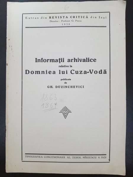 Informatii arhivalice relative la Domniea lui Cuza Voda - publicate de Gh. Duzinchevici