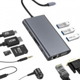 Adaptor Hub USB Type-C Apple Macbook, Windows 10in1 USB HDMI 4K HDTV PD Micro SD TF Card Slot USB 3.0 Cablu de retea, Oem