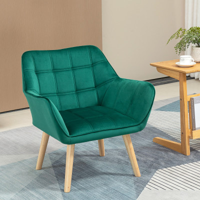 Fotoliu HOMCOM in stil scandinav din lemn si efect de catifea verde pentru sufragerie sau birou, 64x62x72,5cm foto