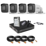 Sistem de supraveghere analog pentru casa,curte si garaj,4 camere bullet Hikvision 5MP,IR 25m,Audio,DVR 4 canale AcuSense,HDD,accesorii pentru montaj