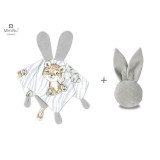 Cumpara ieftin Set jucarie de plus, MimiNu, Cu urechi si labute + Jucarie zornaitoare Mini Bunny, Materiale certificat Oeko Tex Standard 100, Safari Natural/Grey