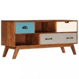 Comoda TV vidaXL lemn masiv acacia 110x35x50 cm, 3 sertare, stil retro, culoare miere. Dulap TV living, suport media, consola jocuri