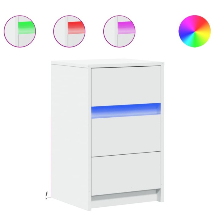 Noptiera cu lumini LED, alb, lemn prelucrat