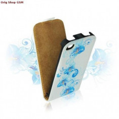 Husa piele Apple iPhone 4/4S Slim Flip FLOWER Blue