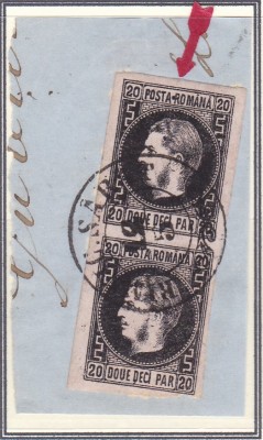 ROMANIA 1866/67 LP20 c REGELE CAROL FAVORITI 20 PAR. HARTIE SUBTIRE DUBLA EROARE PUNCT+LINIE(VEZI DESCRIERE!) PERECHE/FRAGMENT STAMPILAT RAMNIC.SARAT foto