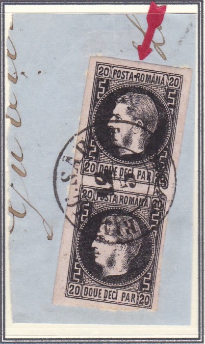 ROMANIA 1866/67 LP20 c REGELE CAROL FAVORITI 20 PAR. HARTIE SUBTIRE DUBLA EROARE PUNCT+LINIE(VEZI DESCRIERE!) PERECHE/FRAGMENT STAMPILAT RAMNIC.SARAT