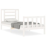 Cadru de pat cu tablie single, alb, lemn masiv