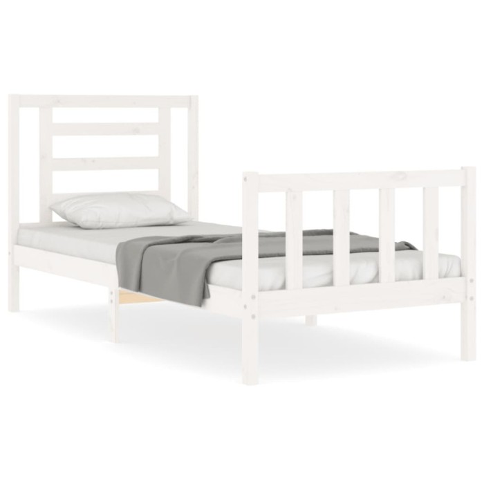 Cadru de pat cu tablie single, alb, lemn masiv