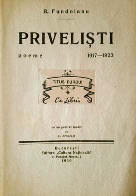 Brancusi, desen in cartea lui Fundoianu, Privelisti, Bucuresti, 1930 foto