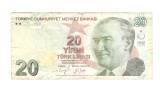Bancnota Turcia 20 lire 2009 (2022), seria G, circulata, stare buna