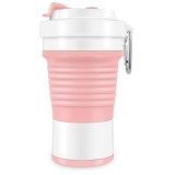 Recipient pliabil din silicon eMazing, ideal pentru călătorii, camping, cu capacitate de 750 ml și pai inclus, dimensiuni 11.6 X 19.3, culoare roz