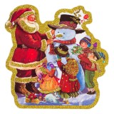 Autocolant Decorativ Crăciun, Model Moș Crăciun cu Copii și Om de Zăpadă, Multicolor, 15x15cm, 3D, Glitter Auriu, Oem