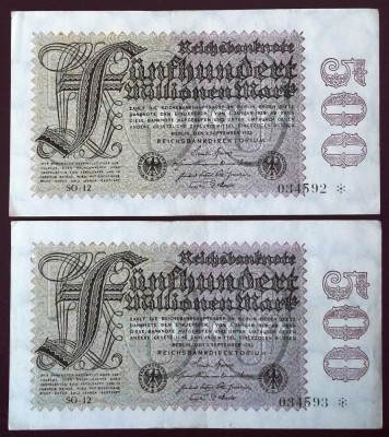 Germania 500.000.000 500 milionen MARK 1923 serii consecutive 592 593 ** foto