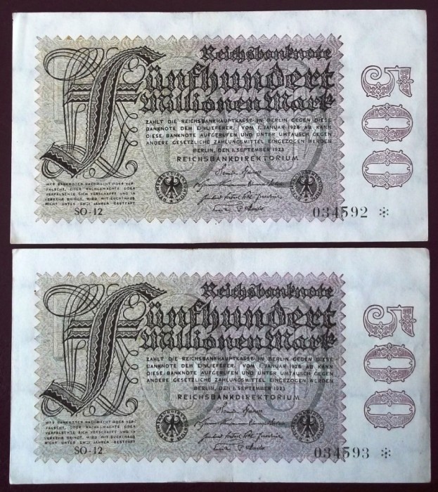 Germania 500.000.000 500 milionen MARK 1923 serii consecutive 592 593 **