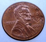 2.357 USA SUA 1 ONE LINCOLN CENT 2004 D MASONIC MASON MASONERIE CONTRAMARCA, America de Nord